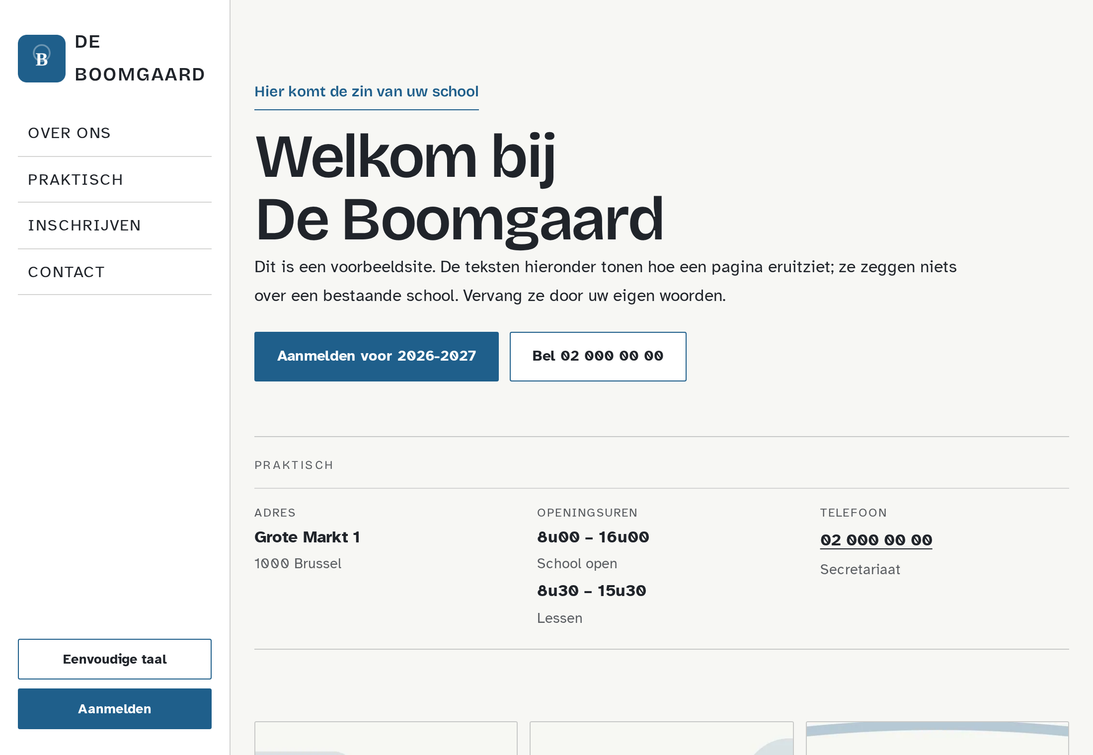 Startpagina van een verzonnen school, in eigen kleuren