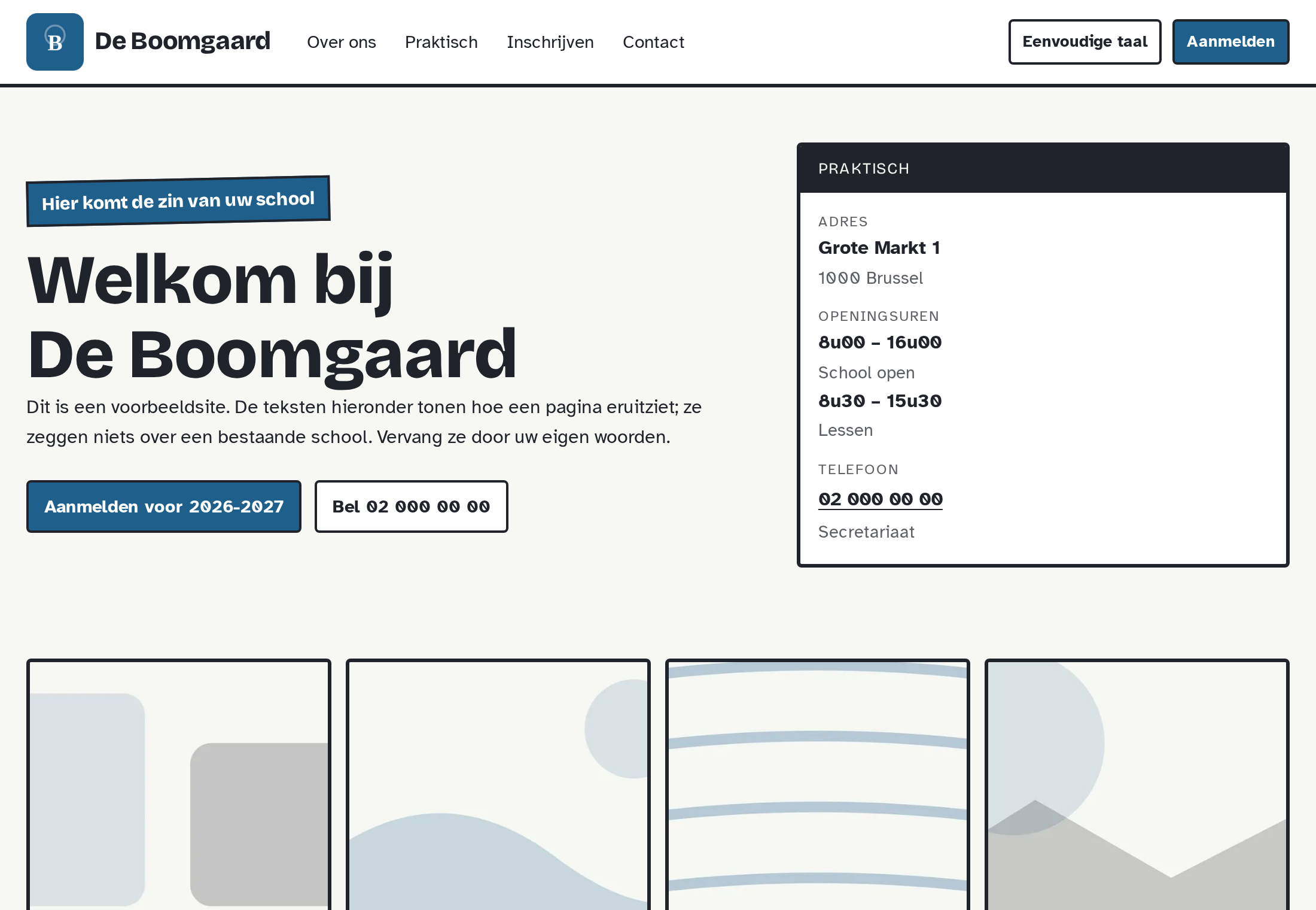 Startpagina van een verzonnen school, in eigen kleuren
