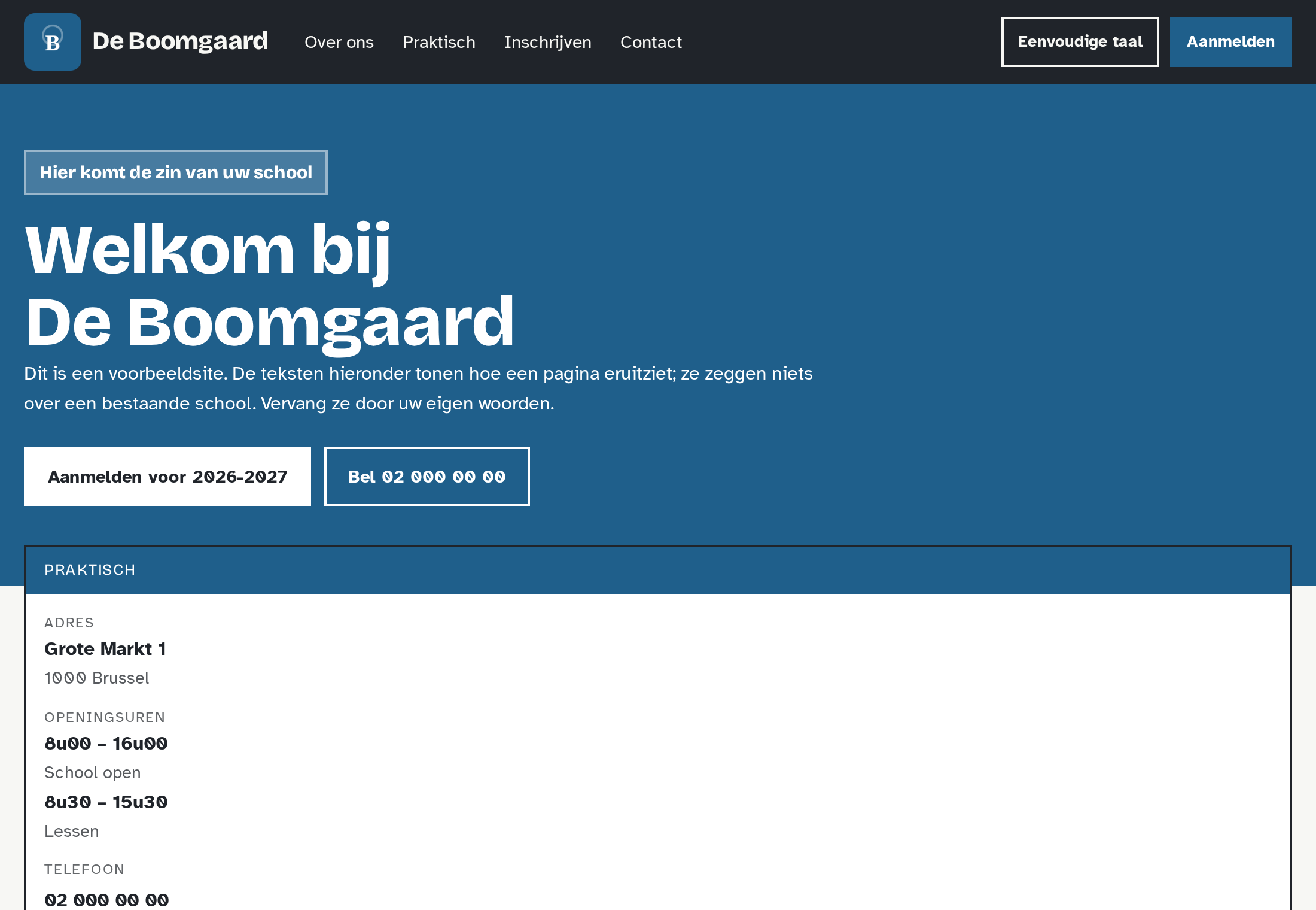 Startpagina van een verzonnen school, in eigen kleuren